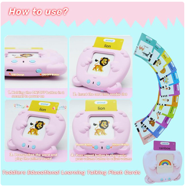 Toddlers Educational Learning Talking Flash Cards, 510 Sight Words Talking Flash Cards Pocket Speech for Toddlers, Educational Learning Montessori Toys for 3-8 Years Toddlers-Pink