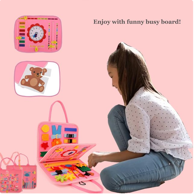 Educational Montessori Toys Busy Board, Toddlers Preschool Learning Book, Kids Basic Dress Fine Motor Skills Learning Toy for Toddlers Age 1-3 Years Old-Pink