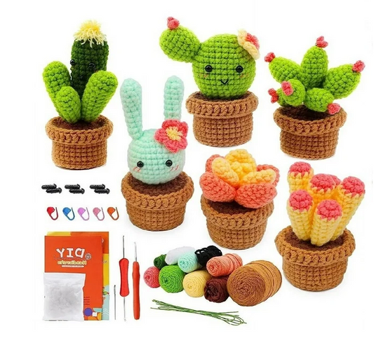 Crochet Kit for Beginners, 6 Pcs Potted Plants Crochet Starter Kits for Adults and Kids, DIY Knitting Supplies with Step-by-Step Video Tutorial