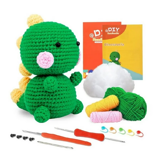 Beginner Crochet Kit, Dinosaur Starter Crochet Animal Kit with Yarn and Tutorial, Starter Pack for Adults and Kids, Green