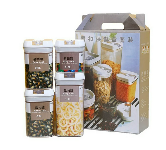 4 Pieces Airtight Food Storage Container Set, Clear Plastic Square Cereal Containers with Easy Lock Lids, Kitchen Pantry Organization and Storage Food Jars & Canisters (1.2L/0.5L/0.8L*2pcs), BPA Free