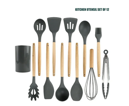 12-Piece Silicone Kitchen Cooking Utensil Set, BPA Free Silicone Spoon Spatula Turner Tongs Kitchen Gadgets Utensil Set w Wooden Handles, Cooking Gadgets for Non-Stick Cookware, Gray