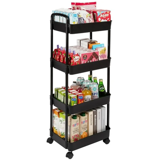 4-Tier Plastic Rolling Utility Cart with Handle, Multi-Functional Movable Storage Trolley for Office, Living Room, Kitchen, Storage Organizer with Wheels, Black