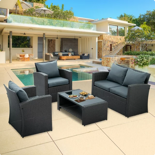 4 Pieces Outdoor Patio Sofa Set, UV-Resistant PE Wicker Rattan Conversation Set with Tempered Glass Top Coffee Table and Cushions, Gray