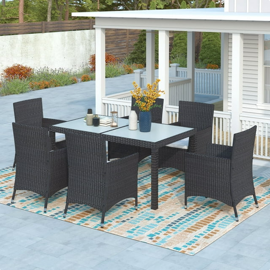 7-piece Outdoor Rattan Wicker Dining Set, Tempered Frosted Glass Top Dining Table with 6 Thick Cushioned Chair for 6 Persons, Black Rattan+Beige Cushion