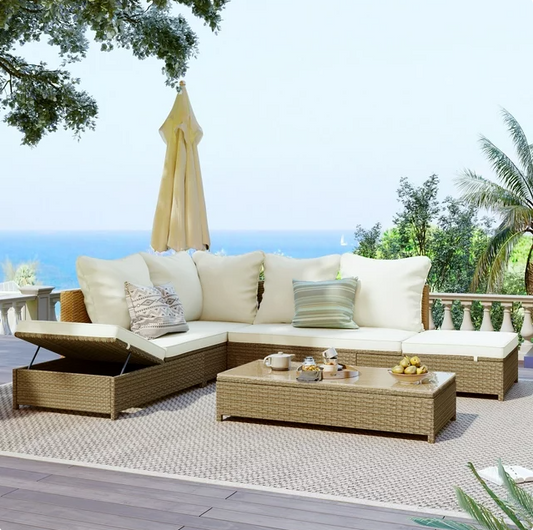 5-Piece Outdoor Patio Rattan Sofa Set, All Weather PE Wicker Sectional Set with Adjustable Chaise Lounge and Tempered Glass Coffee Table, Natural Brown+ Beige Cushion