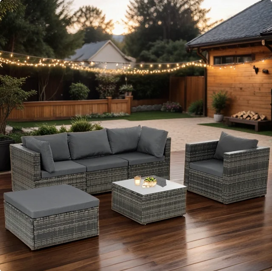 6 Piece Patio Furniture Sets, Outdoor PE Rattan Wicker Sectional Sofa Conversation Set, All Weather Conversation Set with Gray Cushions & Coffee Table