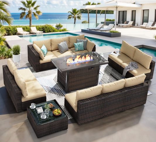 12 Piece Patio Furniture Set with Fire Pit Table, All Weather Outdoor Sectional PE Rattan, Patio Conversation Sets with Cushions and Glass Coffee Table for Garden Lawn Balcony